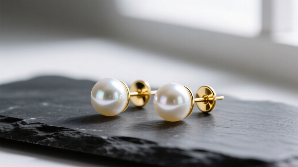 Close-up of cute pearl earrings featuring 7mm white Akoya pearls on 18k yellow gold posts, resting on a dark slate surface.