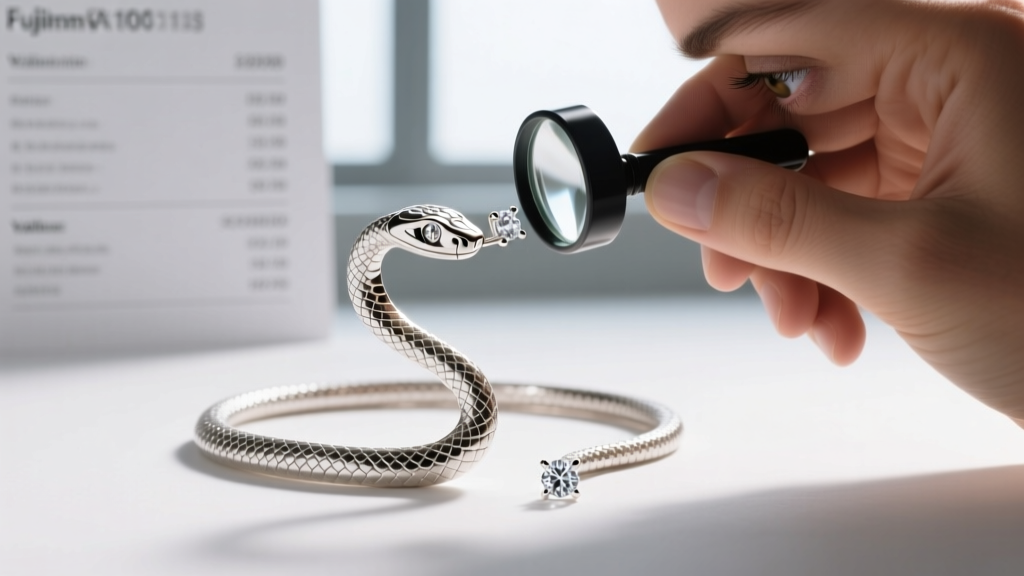 Jeweler inspecting lab diamond prong settings on a white gold snake necklace head using a loupe, blurred pricing chart in background