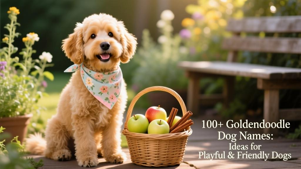 A smiling Goldendoodle wearing a soft bandana, sitting beside a small basket of fresh apples and cinnamon sticks