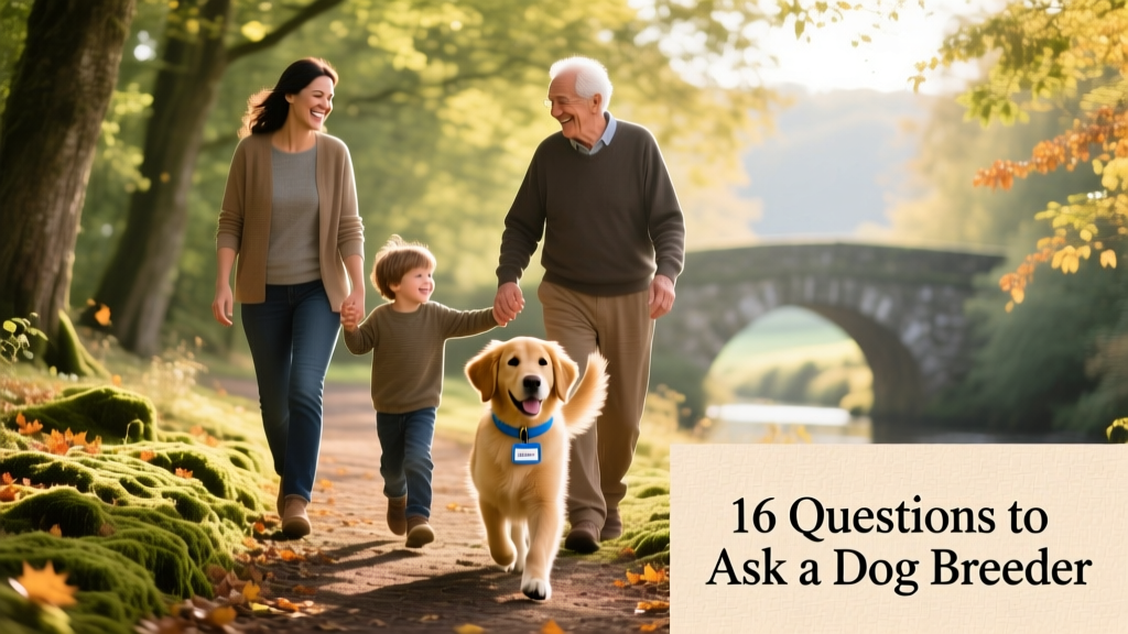 A joyful family walking their newly adopted dog along a tree-lined path