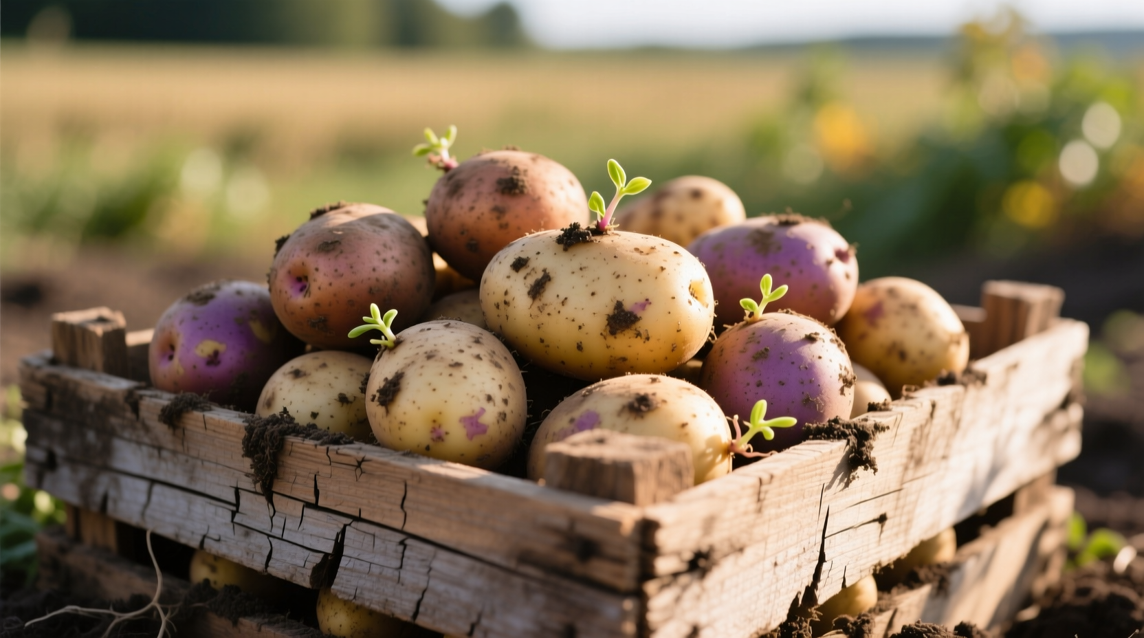 Freshly harvested potatoes in a wooden crate
