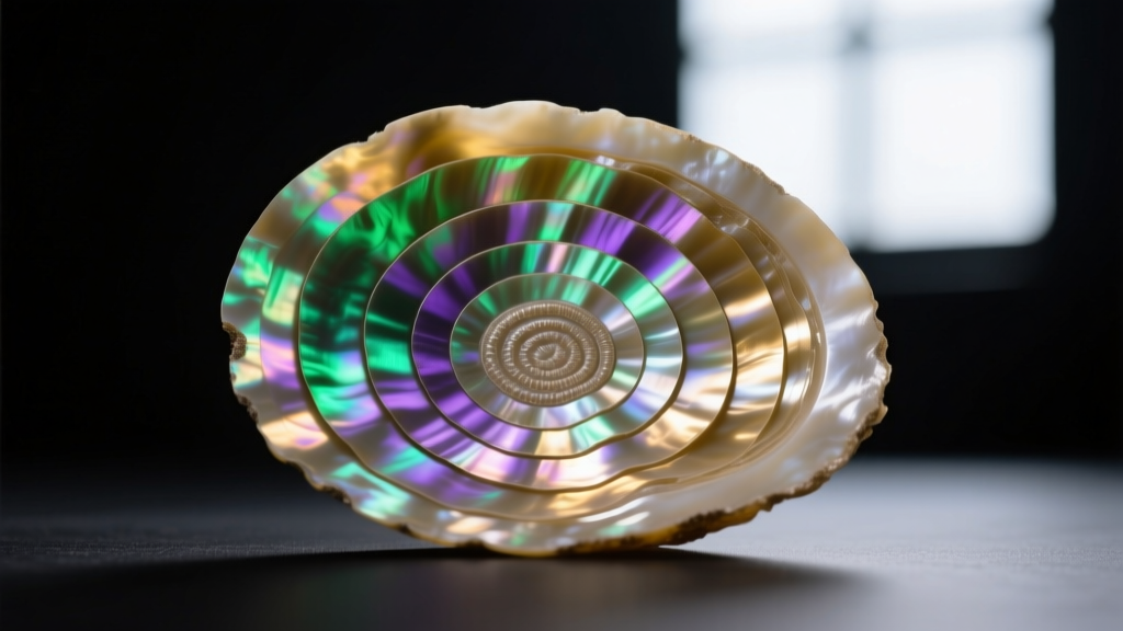 Extreme macro photography of iridescent nacre layers showing the overlapping aragonite platelets and natural growth rings in MOP.