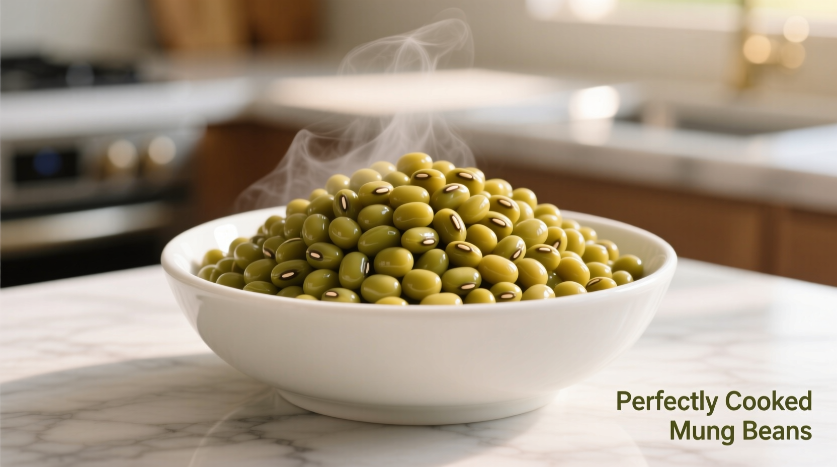 Perfectly cooked mung beans in white bowl