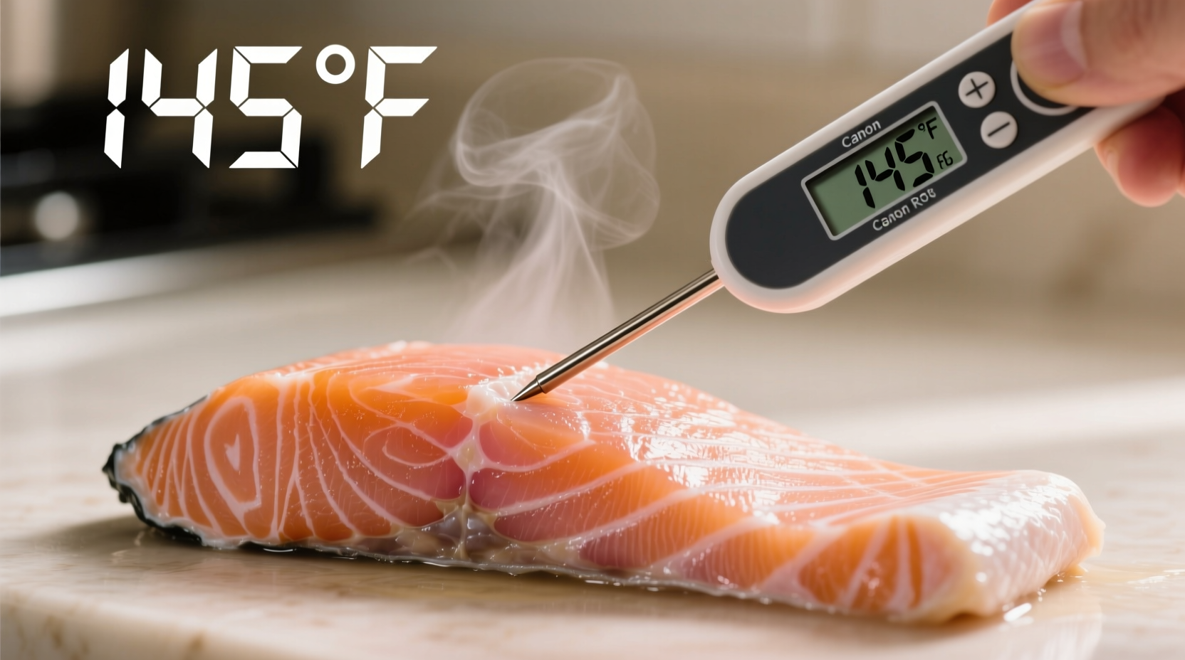 Digital thermometer measuring salmon internal temperature
