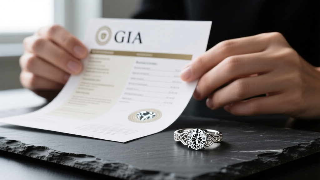 Hands holding a GIA diamond grading report next to a vintage platinum engagement ring resting on a textured dark slate surface.