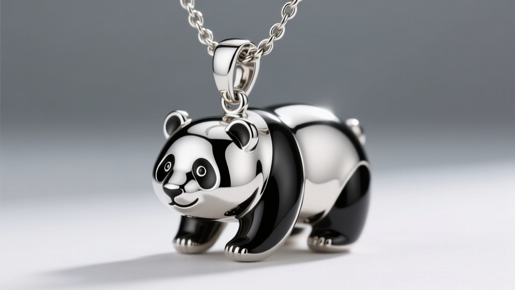 Side view of a 316L steel panda bear necklace showing a bright mirror polish and a secure lobster clasp on a delicate cable chain
