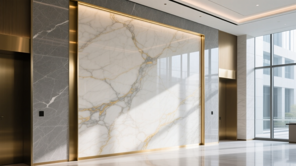Large-format sintered stone panels with subtle marble veining installed on a high-end corporate lobby wall with brushed brass trim details