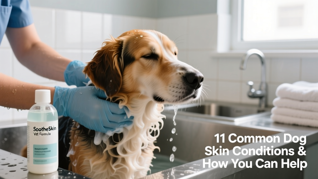 Close-up of a dog gently being bathed with a medicated shampoo during a vet-approved skin care routine