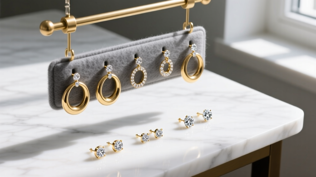 Top-down view of a DIY brass and grey felt earring hanger holding gold hoops and diamond studs on a white marble desk surface.