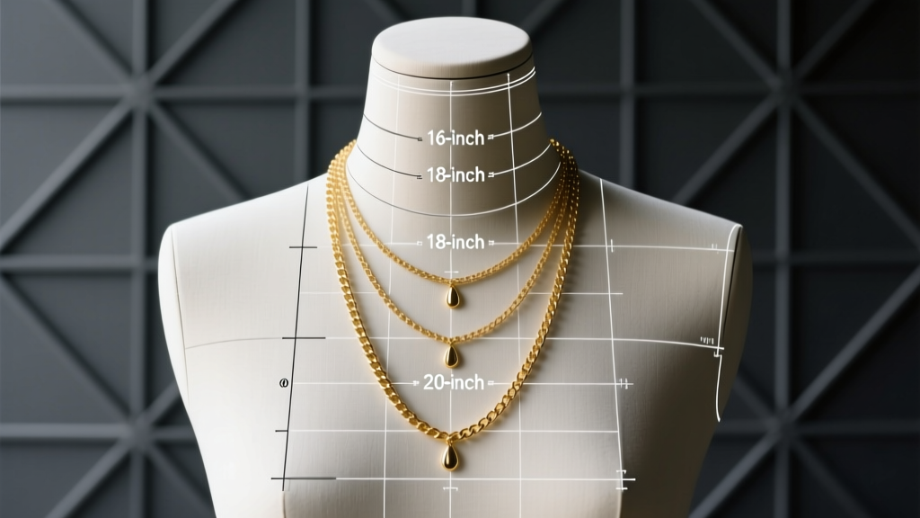 Blueprint overlay on a mannequin neck showing precise 16, 18, and 20-inch gold chain drop measurements against a dark grid background