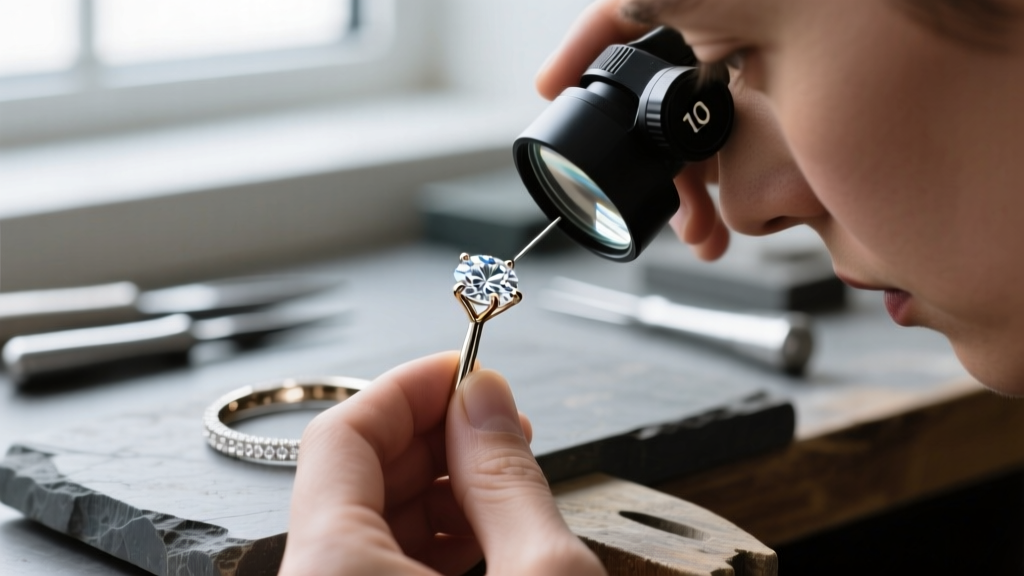 Jeweler using a 10x loupe to examine a worn 14k white gold prong on a lab grown diamond bracelet, revealing metal fatigue