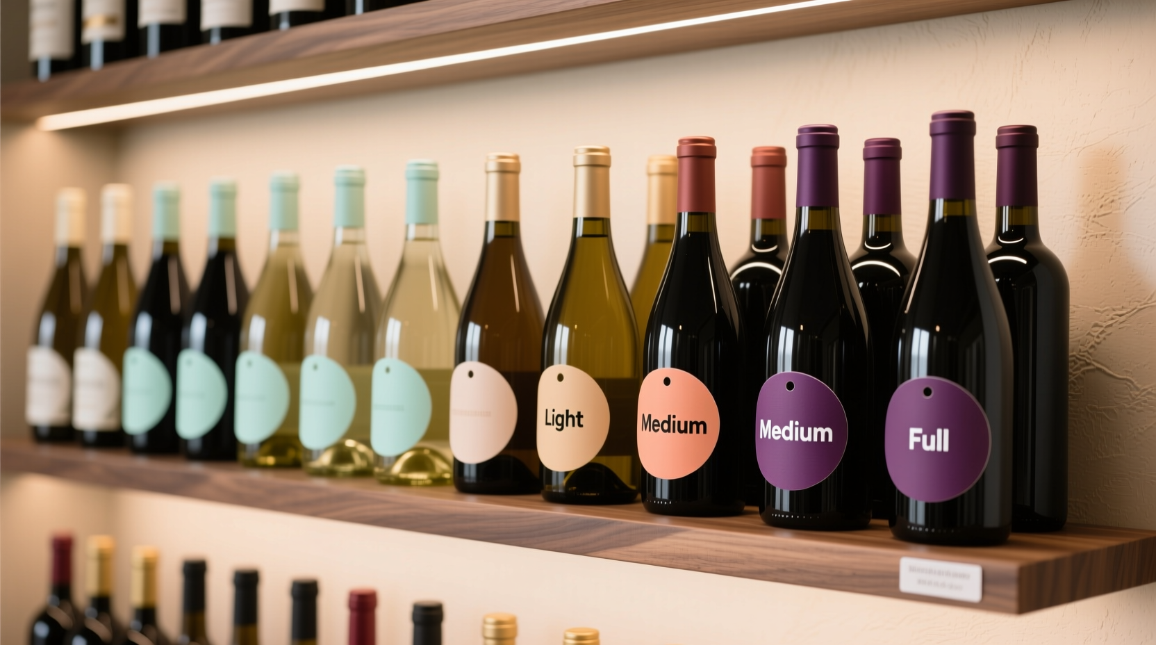 how to organize a wine rack using color-coded labels based on body rather than varietal for visual flow