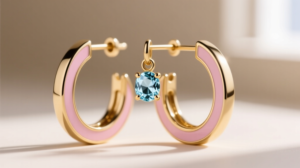 Close-up of 18-gauge gold huggies with pastel pink enamel and light blue topaz charms in soft natural lighting.