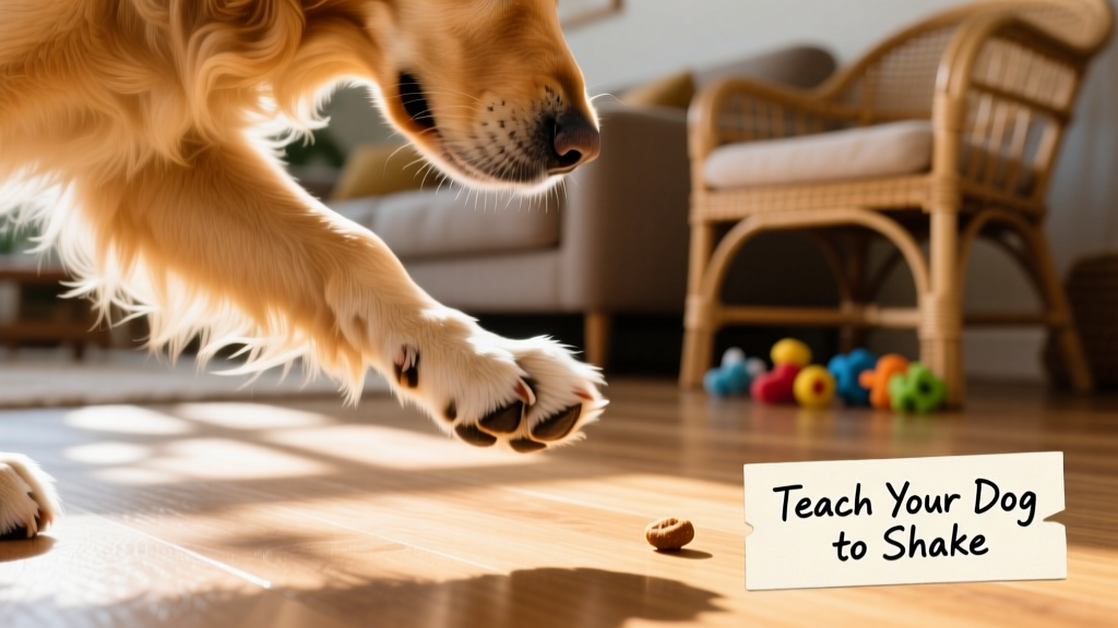 Close-up of a dog’s paw lifting slightly toward a treat held just off-center to the right