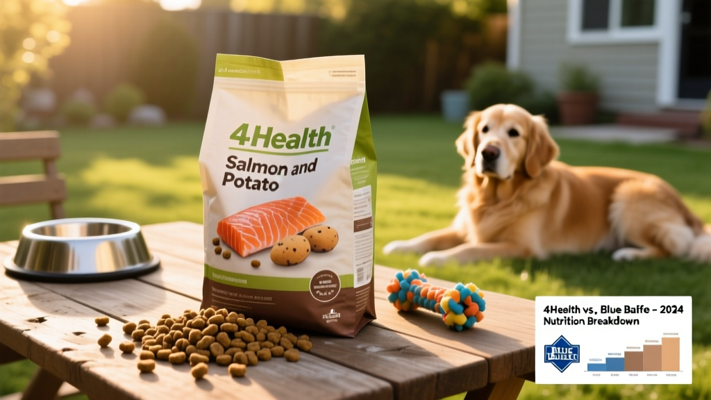 Bag of 4Health Salmon and Potato dry dog food with kibble visible in foreground
