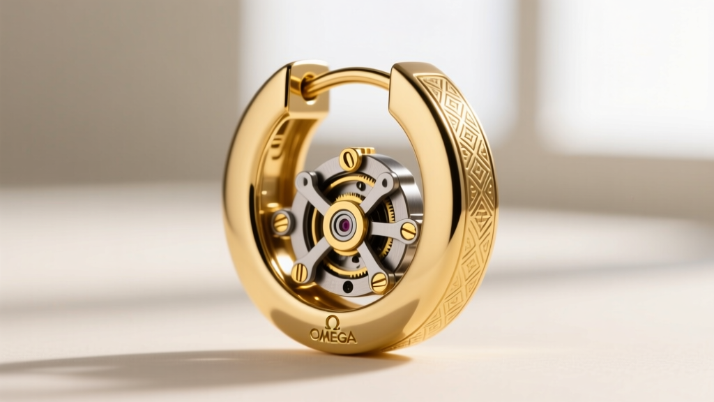 Extreme close-up of a hidden Omega hinge mechanism on a luxury gold huggie earring showing interlocking titanium and gold pins