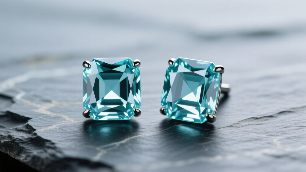 Macro shot of emerald cut aquamarine studs on slate, showing step-cut facets and pale blue hue under soft studio lighting.
