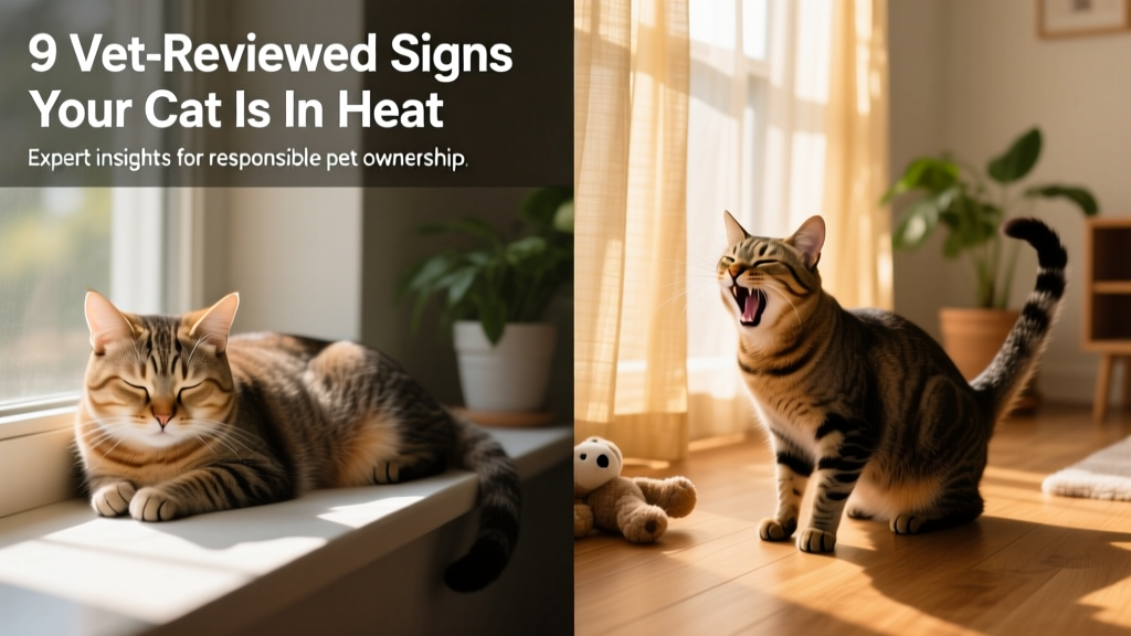 Side-by-side comparison showing a calm cat resting versus a cat in heat displaying restlessness and vocalization