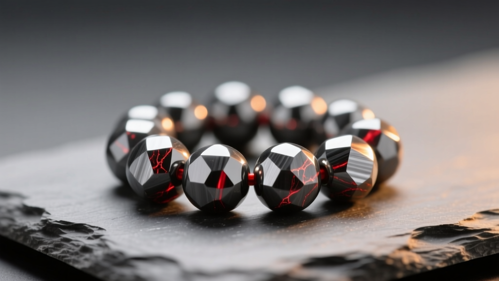 Macro shot of hematite beads on slate, showing metallic gray luster and subtle reddish undertones under soft warm studio lighting.