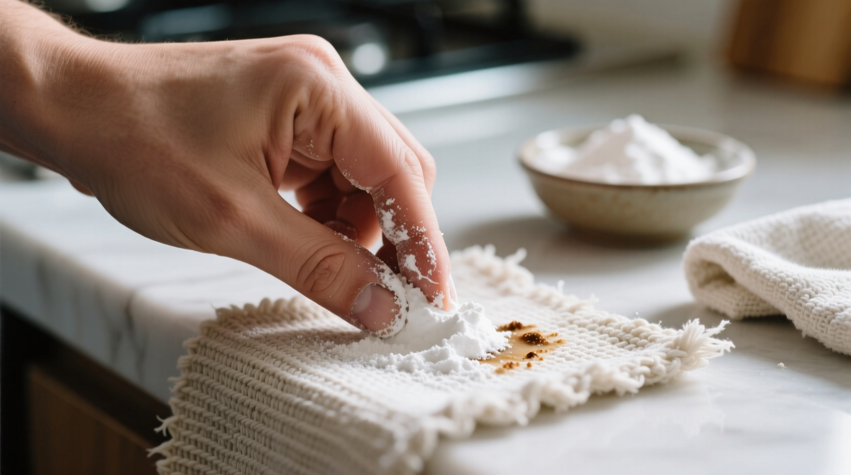 Hand applying baking soda paste to fabric stain