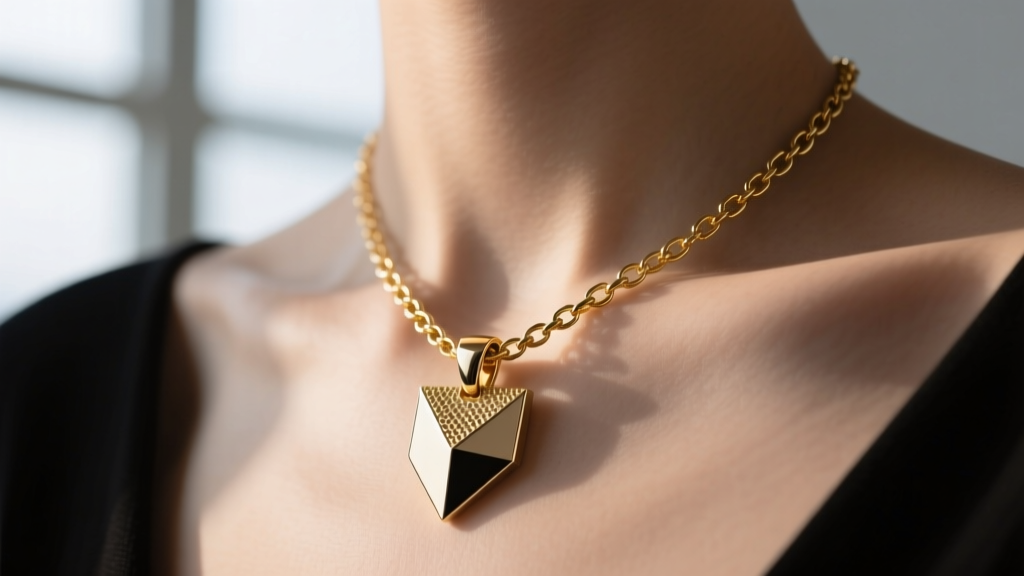 Sintered titanium sternum pendant on an open-link gold chain resting on a collarbone, captured in soft natural window light.