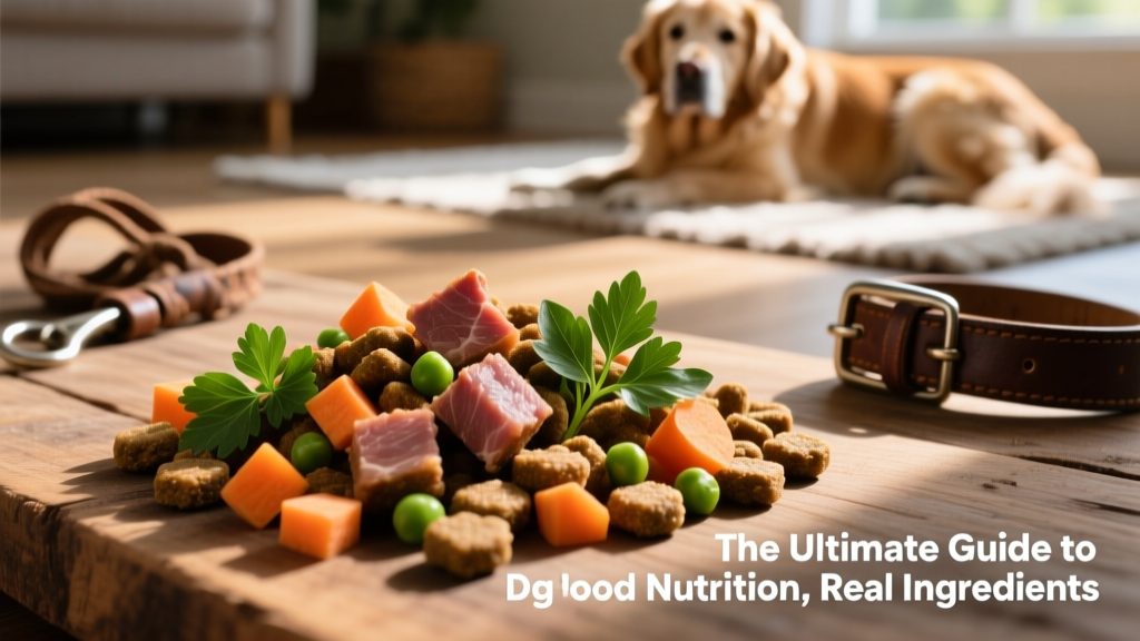Close-up of high-quality kibble showing visible pieces of meat, vegetables, and herbs