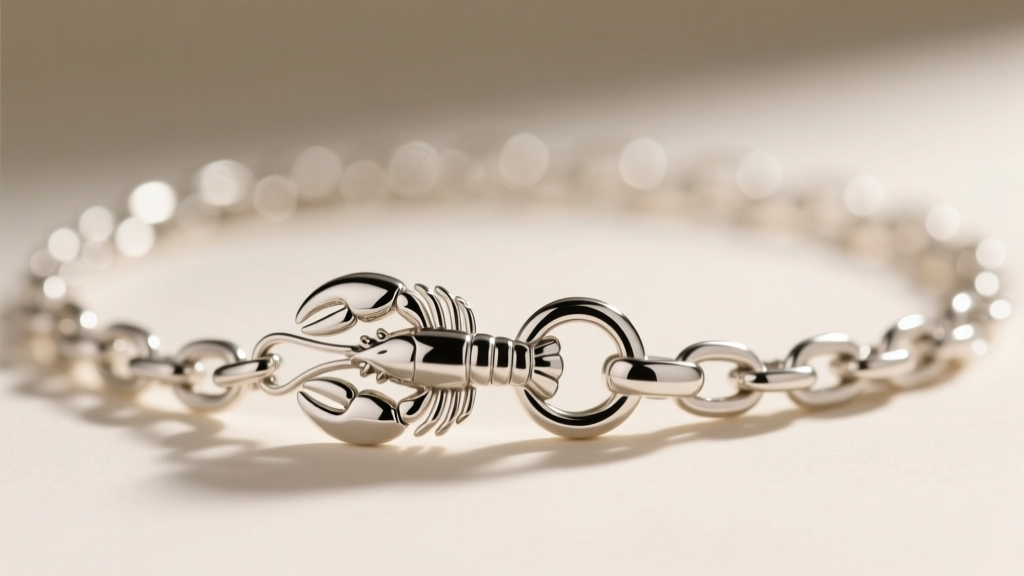 Close-up of a sterling silver eucharist necklace lobster clasp and chain links displaying bright reflectivity and smooth finish