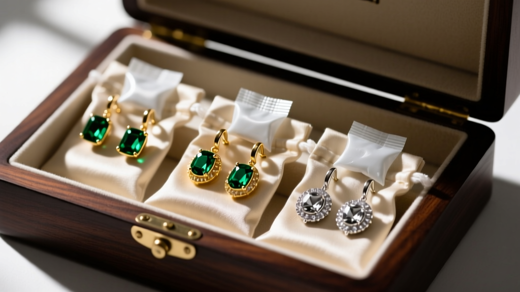 Hocus Pocus stud earrings stored in individual anti-tarnish bags with silica gel packets inside a dark lined wooden jewelry box.