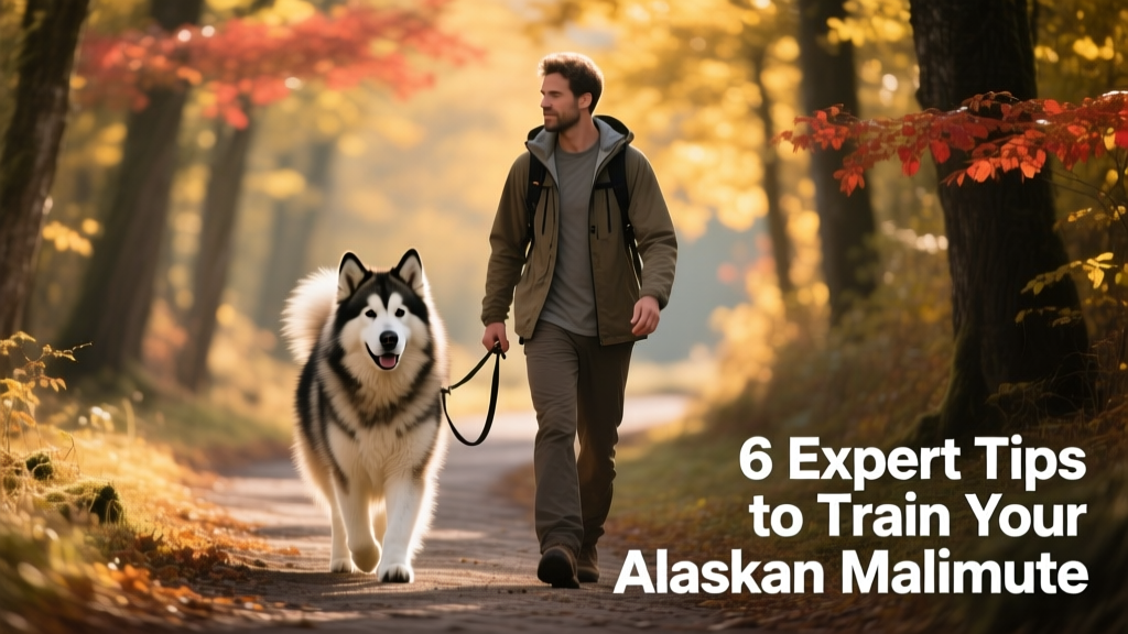 Alaskan Malamute walking calmly beside its owner on a tree-lined path, focused and relaxed