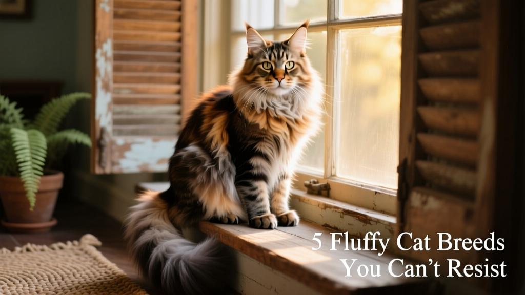 A majestic Maine Coon perched on a wooden windowsill, tail curled around its paws, showing off its layered, shaggy fur