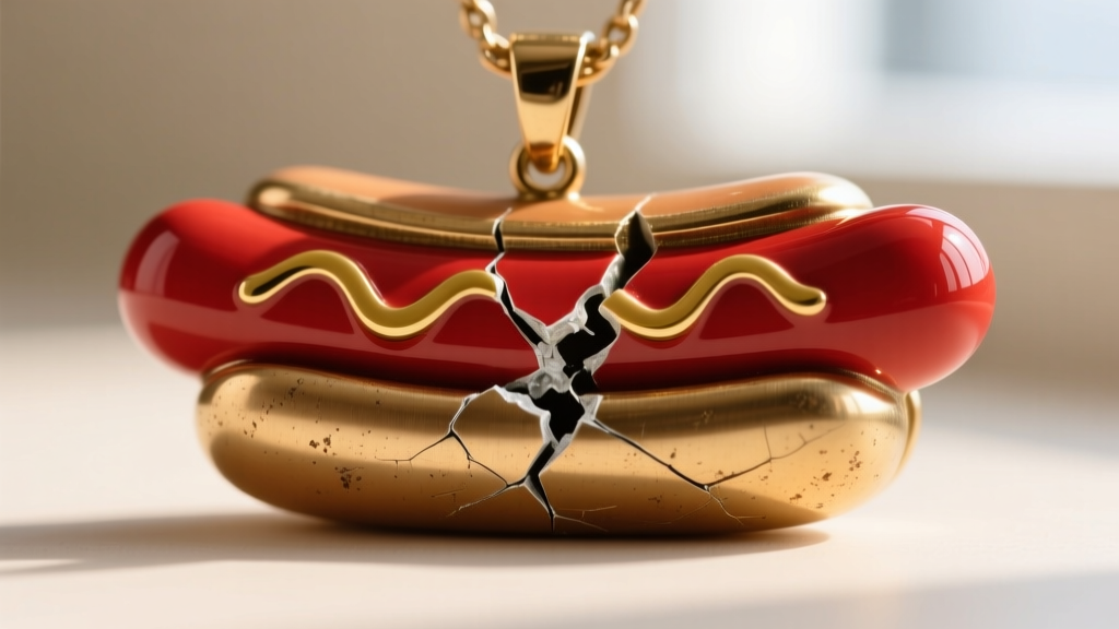 Extreme close-up of chipped red epoxy resin enamel on a novelty hot dog pendant revealing the dull brass base metal underneath