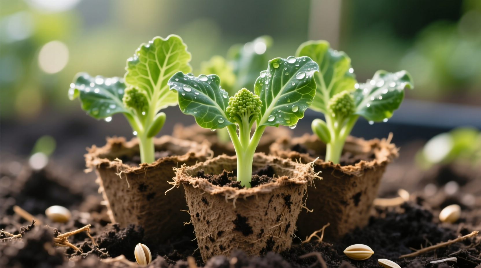 Healthy cauliflower seedlings in biodegradable pots