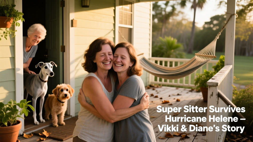 Vikki and Diane hugging warmly on a front porch, with Noni and Mandarin peering curiously from the doorway behind them