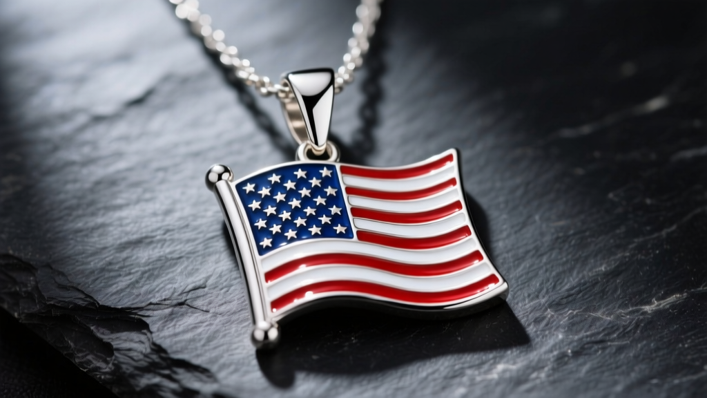 Close-up of a 925 sterling silver flag necklace pendant featuring vibrant hard enamel detailing, resting on dark slate.