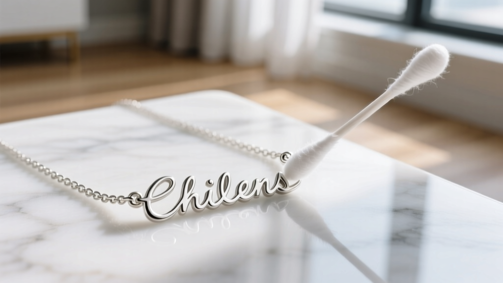 Cotton swab gently cleaning cursive lettering on a sterling silver kid name necklace using a specialized jewelry polish