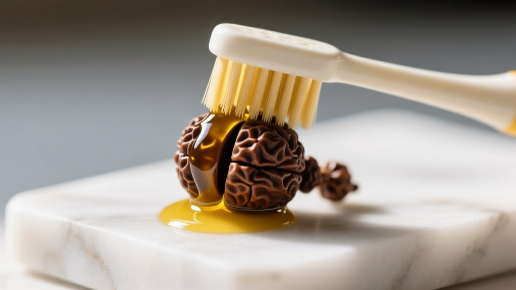 A soft toothbrush gently scrubbing the deep crevices of a 5-mukhi Rudraksha bead coated in a thin layer of yellow mustard oil.
