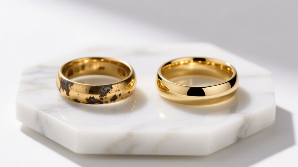 Side-by-side of a tarnished gold plated ring and a pristine 14k gold filled ring resting on a white marble jewelry display tray.