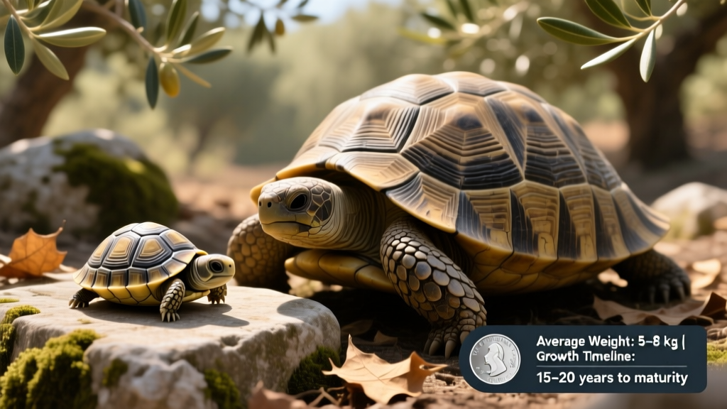 Side-by-side comparison of a Greek tortoise hatchling and an adult, showing scale difference