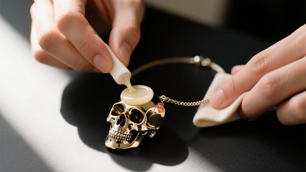 Hands applying micro-crystalline wax to the back of a base-metal skull necklace with a soft cloth to prevent skin tarnishing