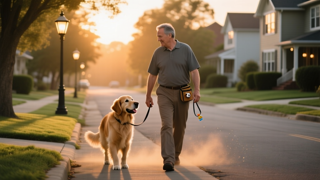 A person and their dog walking peacefully on a quiet neighborhood street at sunset