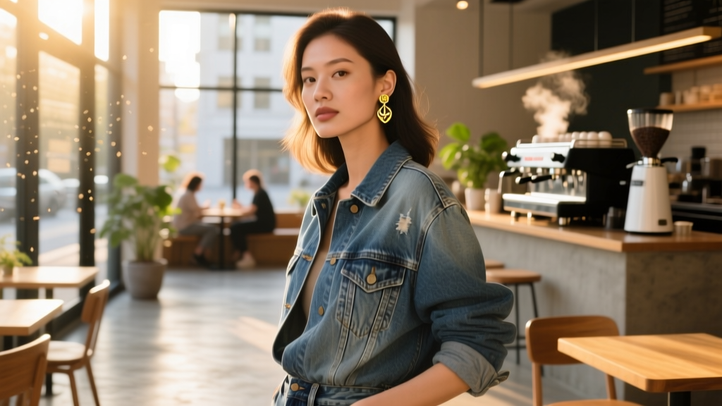 Woman wearing subtle gold Potara stud earrings with a casual denim jacket, standing in a sunlit urban coffee shop environment.