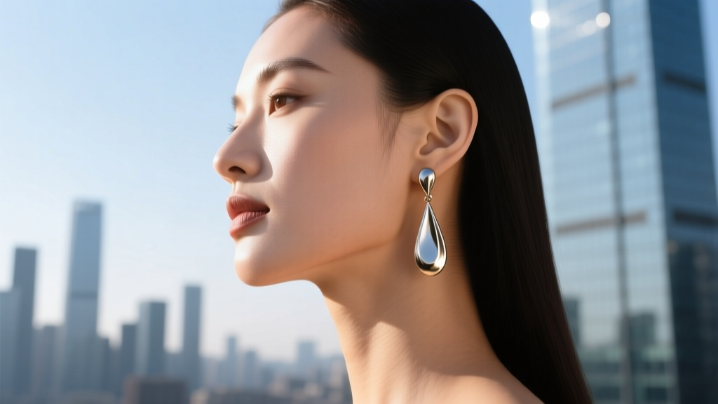 Side profile of a woman with a square jawline wearing elongated teardrop Yelena earrings, blurred urban background, natural light.