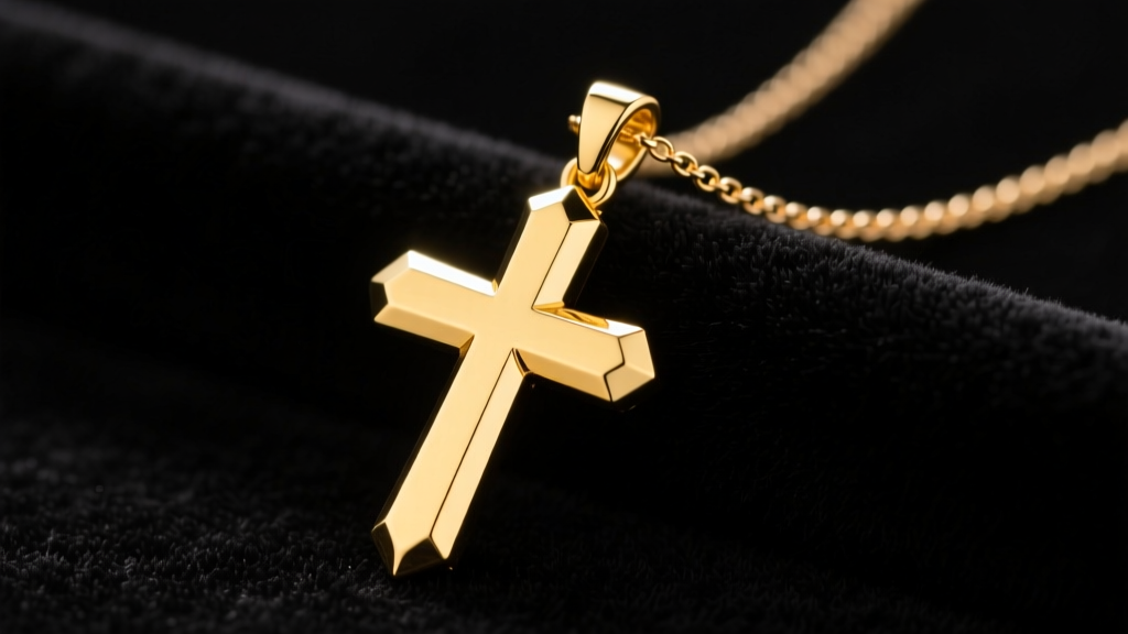 14k yellow gold cross pendant on black velvet, showing polished beveled edges and a 1.2mm box chain under soft studio lighting.