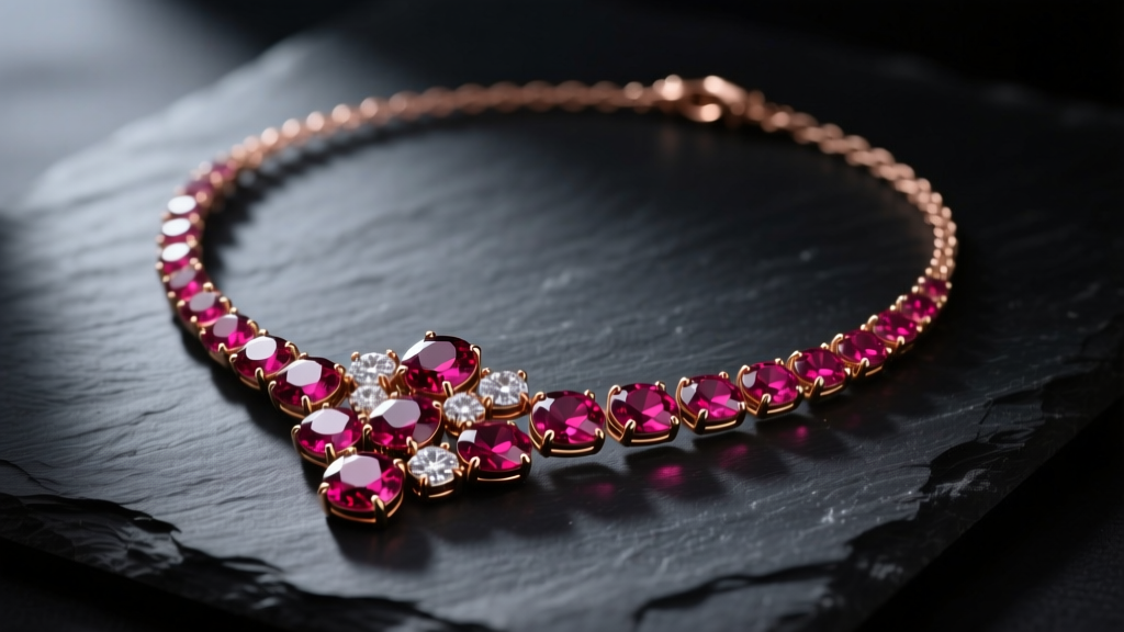 Rose gold asymmetric ruby station necklace, sizes 2mm to 5mm, flat on dark slate with dramatic moody lighting and deep dark shadows