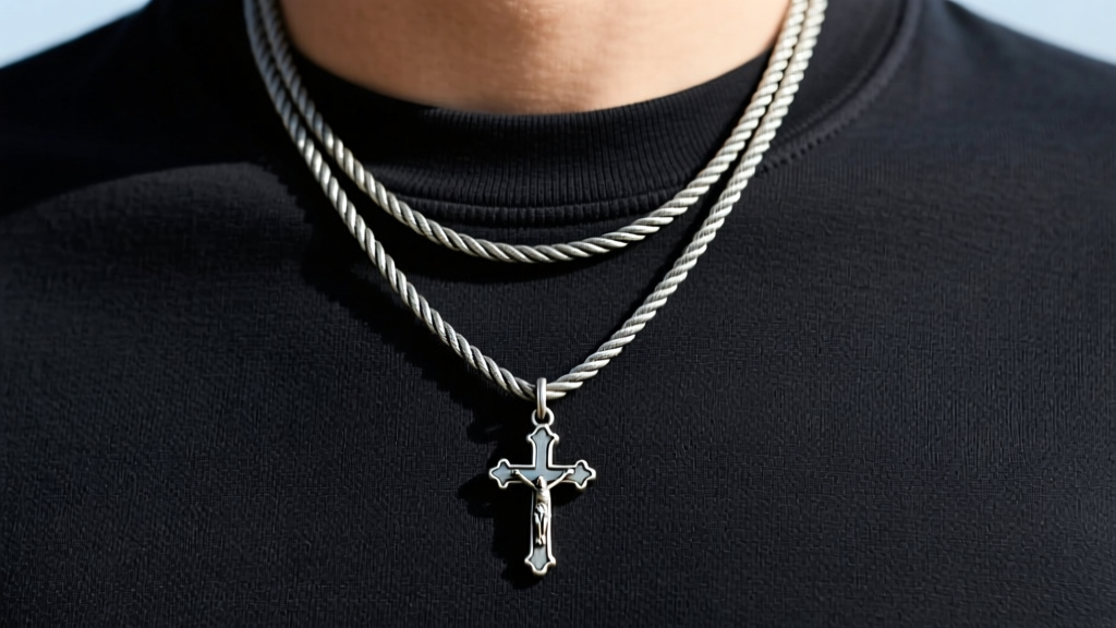 Oxidized silver rope chain with a crucifix, layered with a minimalist cable chain over a dark cotton t-shirt in natural daylight.