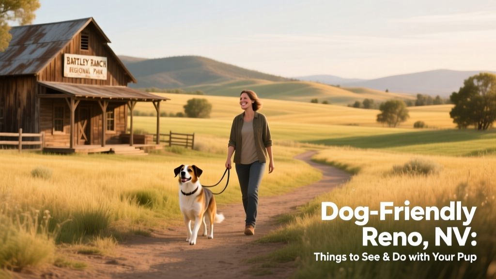 Scenic view of Bartley Ranch Regional Park with gentle trails winding through open fields and historic buildings, a dog walking calmly on leash beside its owner