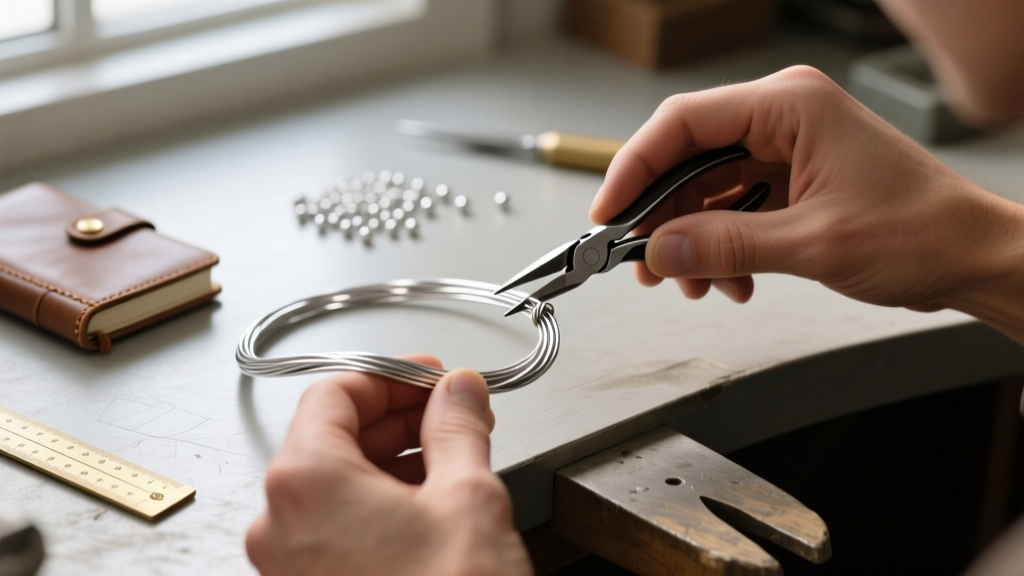 Jeweler hands using nylon pliers to bend 20-gauge half-hard Argentium silver wire into a custom necklace clasp loop on a bench.