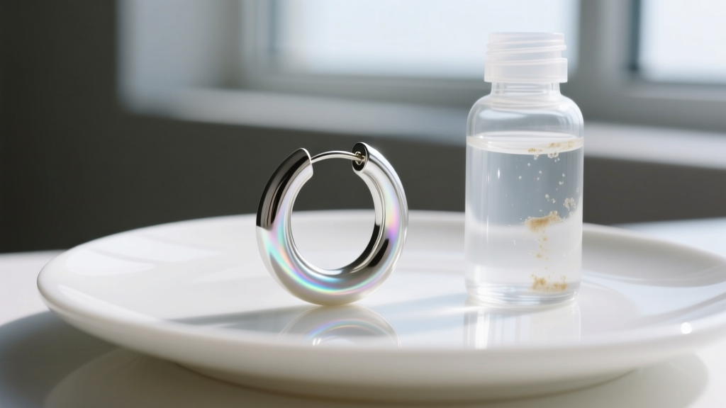 Close-up of a clear 16-gauge bioplast hoop earring on a white plate next to a saline bottle, shot in soft natural window light.