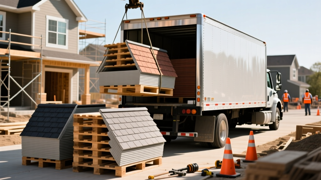Delivery truck dropping pallets of fiber cement siding and architectural shingles at a busy residential construction site