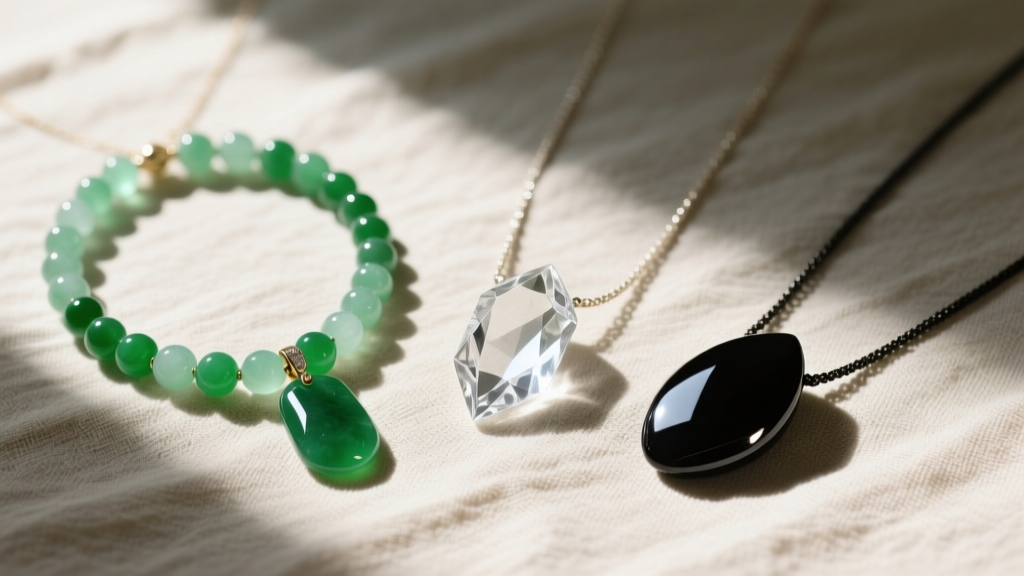Flat lay of three touchstone crystal necklaces featuring jade, clear quartz, and obsidian on textured linen cloth, top-down view.